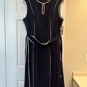 Elegant Navy Blue Dress with White Accents